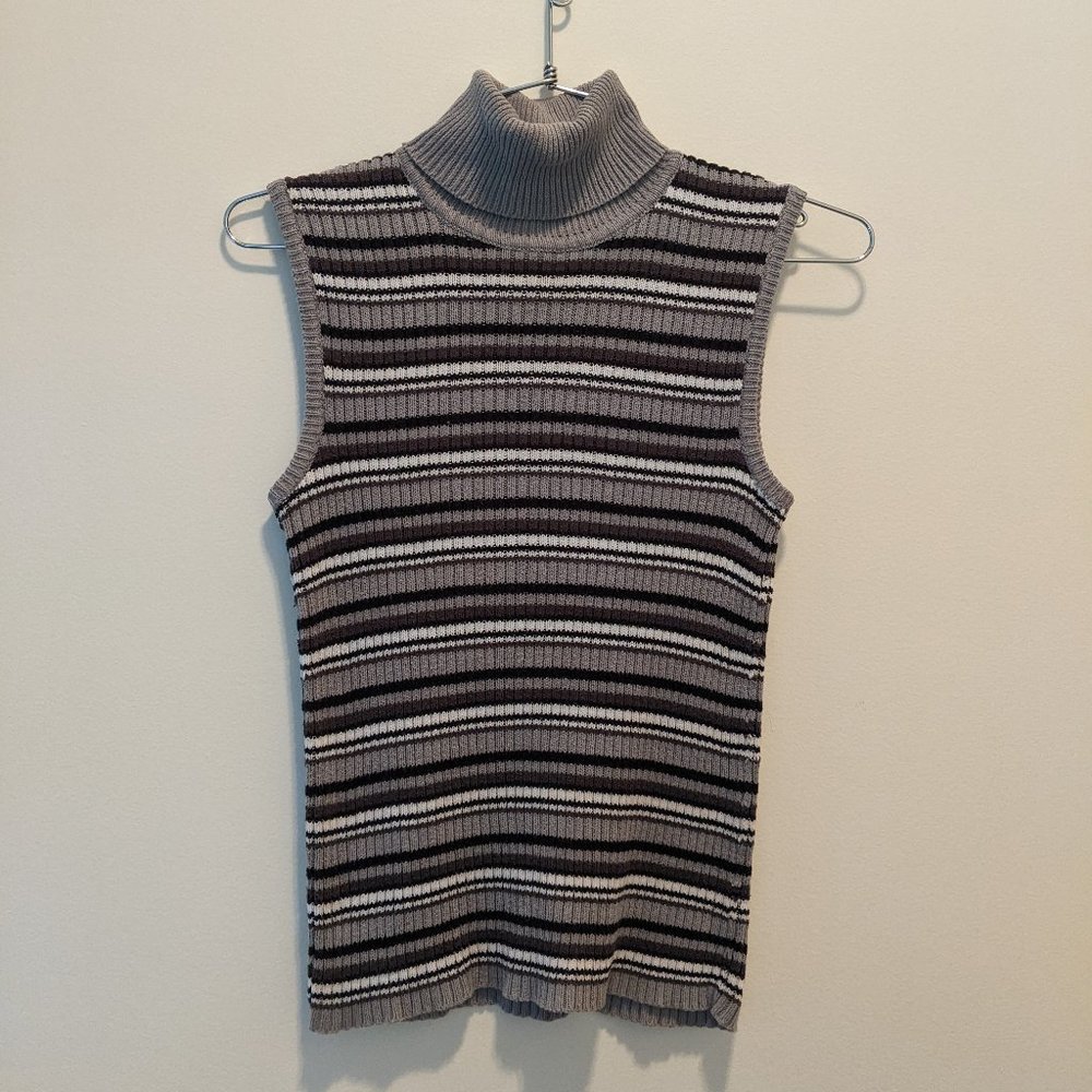 Vintage 90s cotton sleeveless turtle neck top with black and grey stripes XXS XS